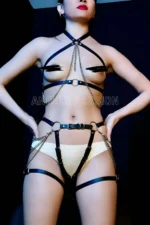 Chain-Detailed Sexy Harness Set, Stiff Leather Harness Fantasy Lingerie Set - SH1084 - Image 2