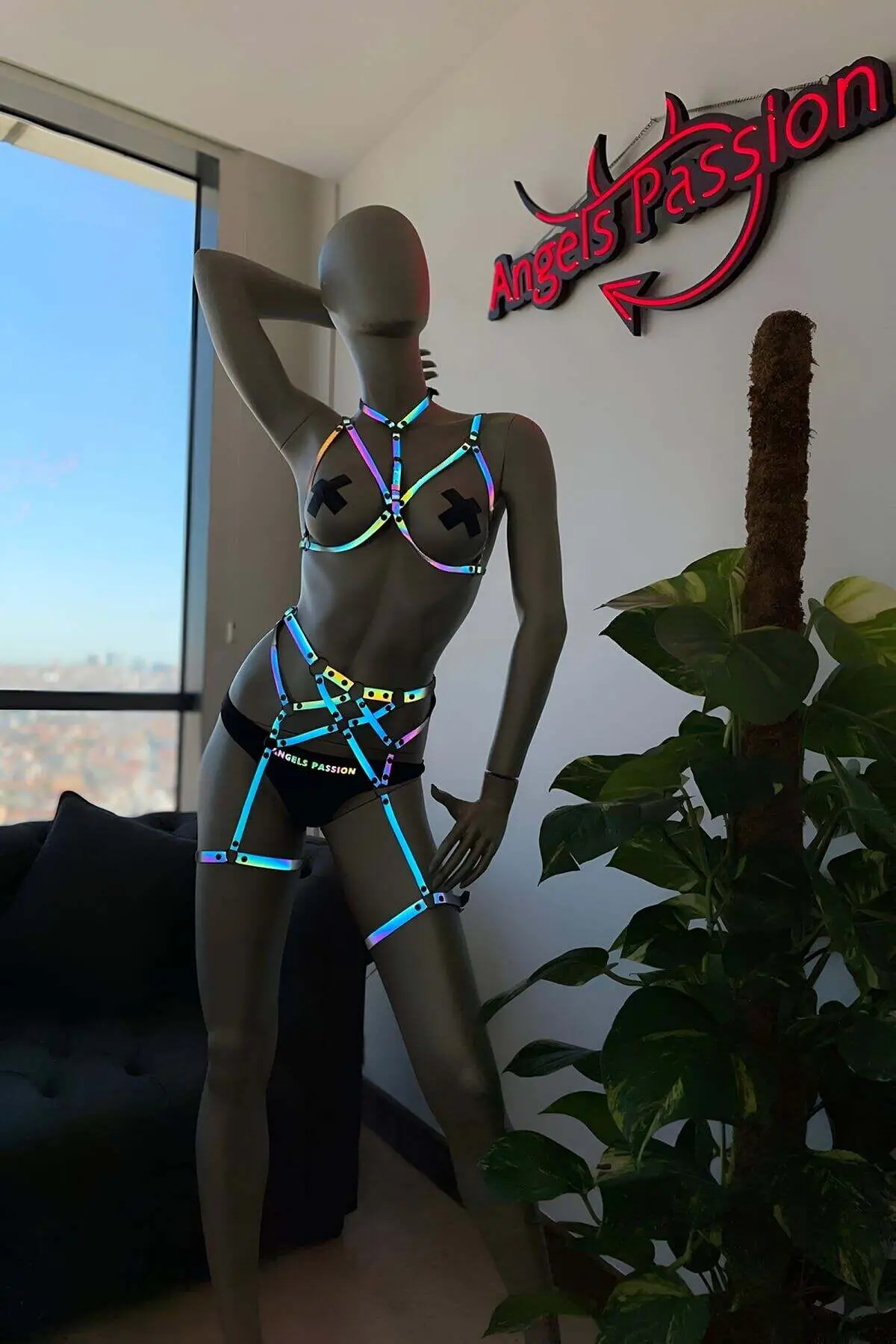 Reflective Lingerie Fantasy Harness Garter Set