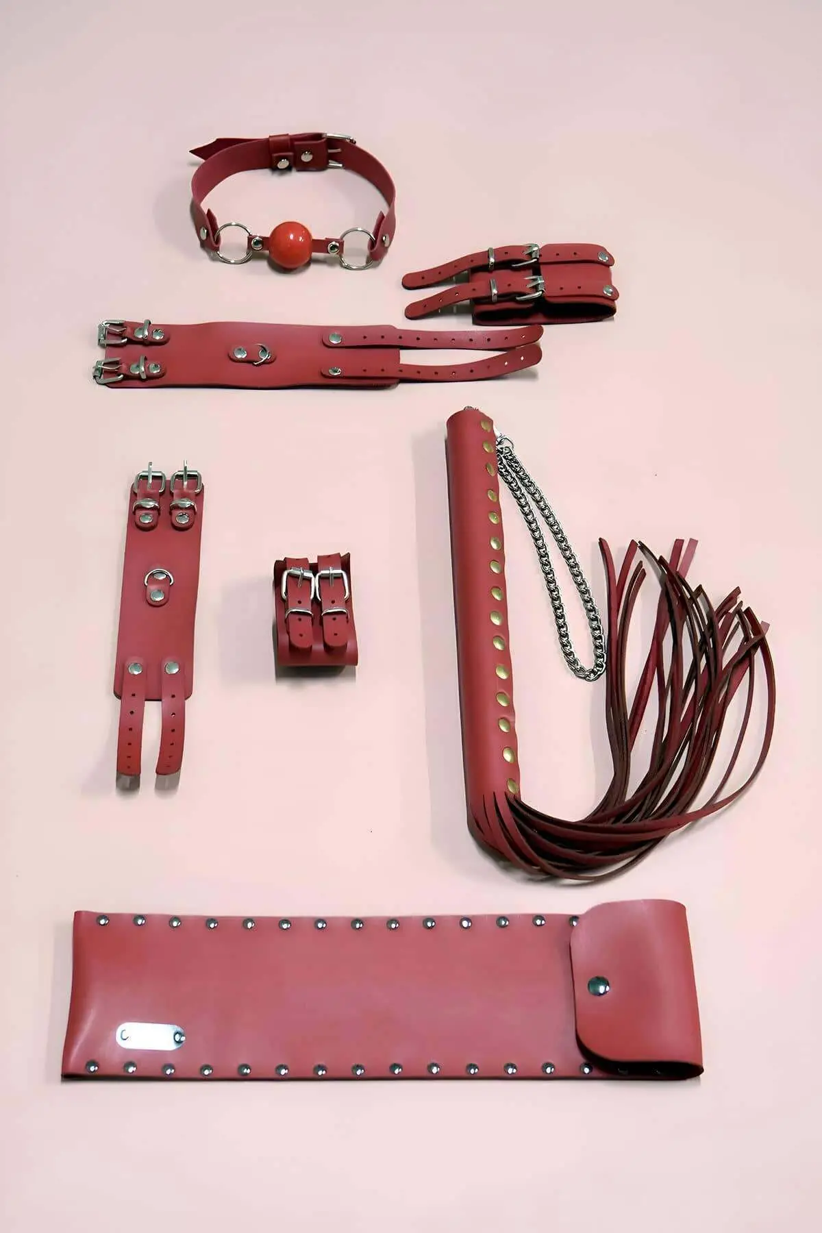 Whip and Handcuff Set, 4-Piece Set: Hand and Foot Handcuffs, Whip, Mouth Ball - SH1306