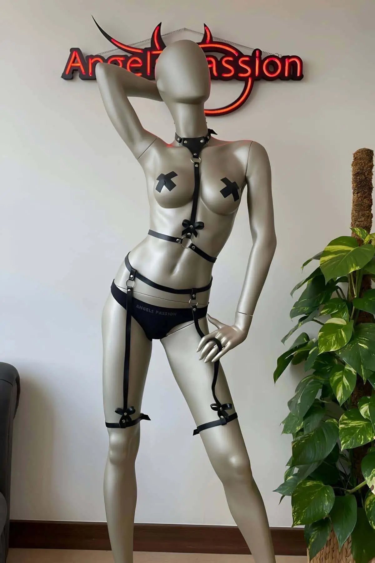 Leather Garter Harness Lingerie with Bow Detail