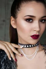 Studded Leather Choker, Collar with Studs and Chain - SH975 - Image 2