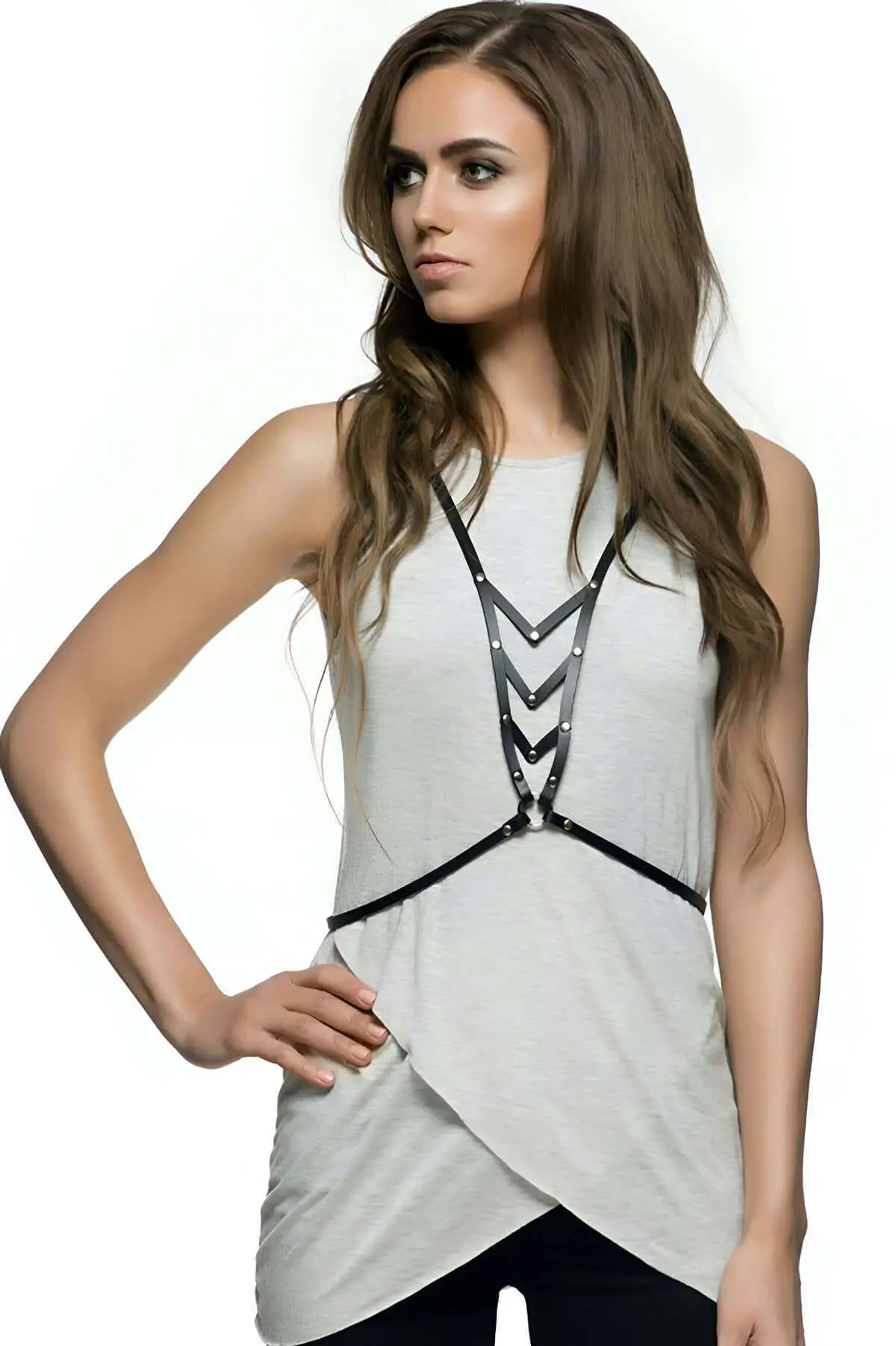 Stylish Leather Chest Harness with Wave Detail - SH192