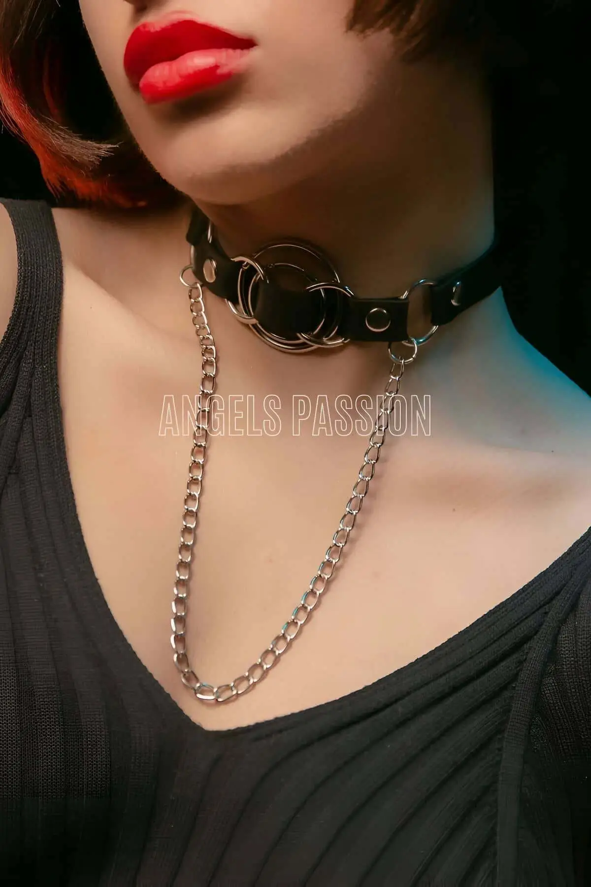 123487.webp Leather Choker, Leather Collar, Leather Chain Necklace, Leather Ring Necklace - SH588 - Image 1