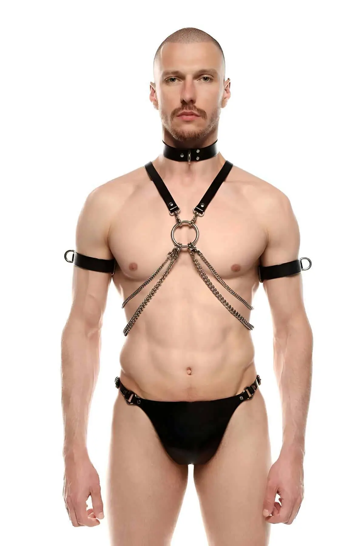 Sexy Men's Harness with Leash and Armbands, Men's Leather Fantasy Apparel - SHM115