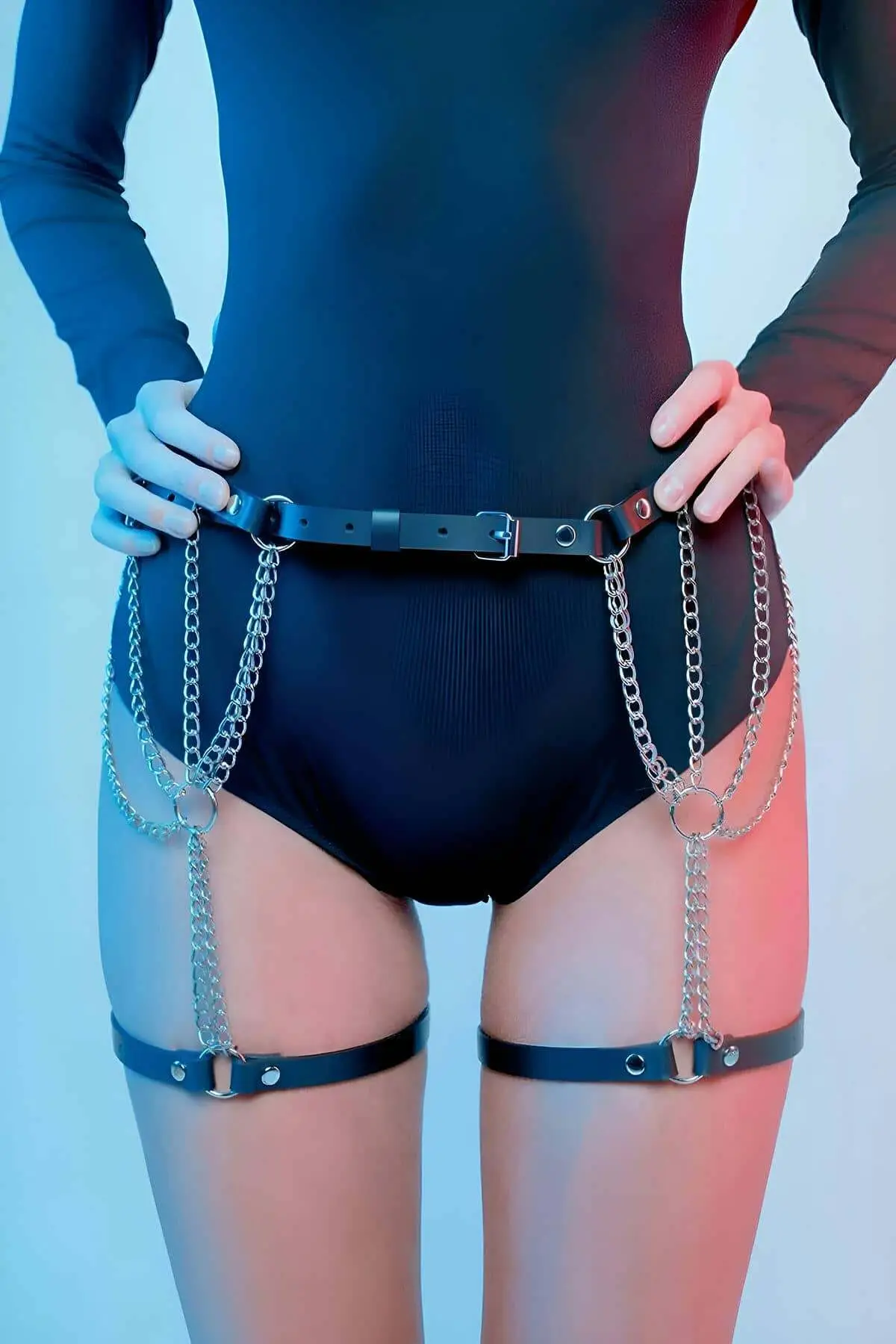 Chain Detail Sexy Leather Waist Strap Leg Garter Harness - SH1323