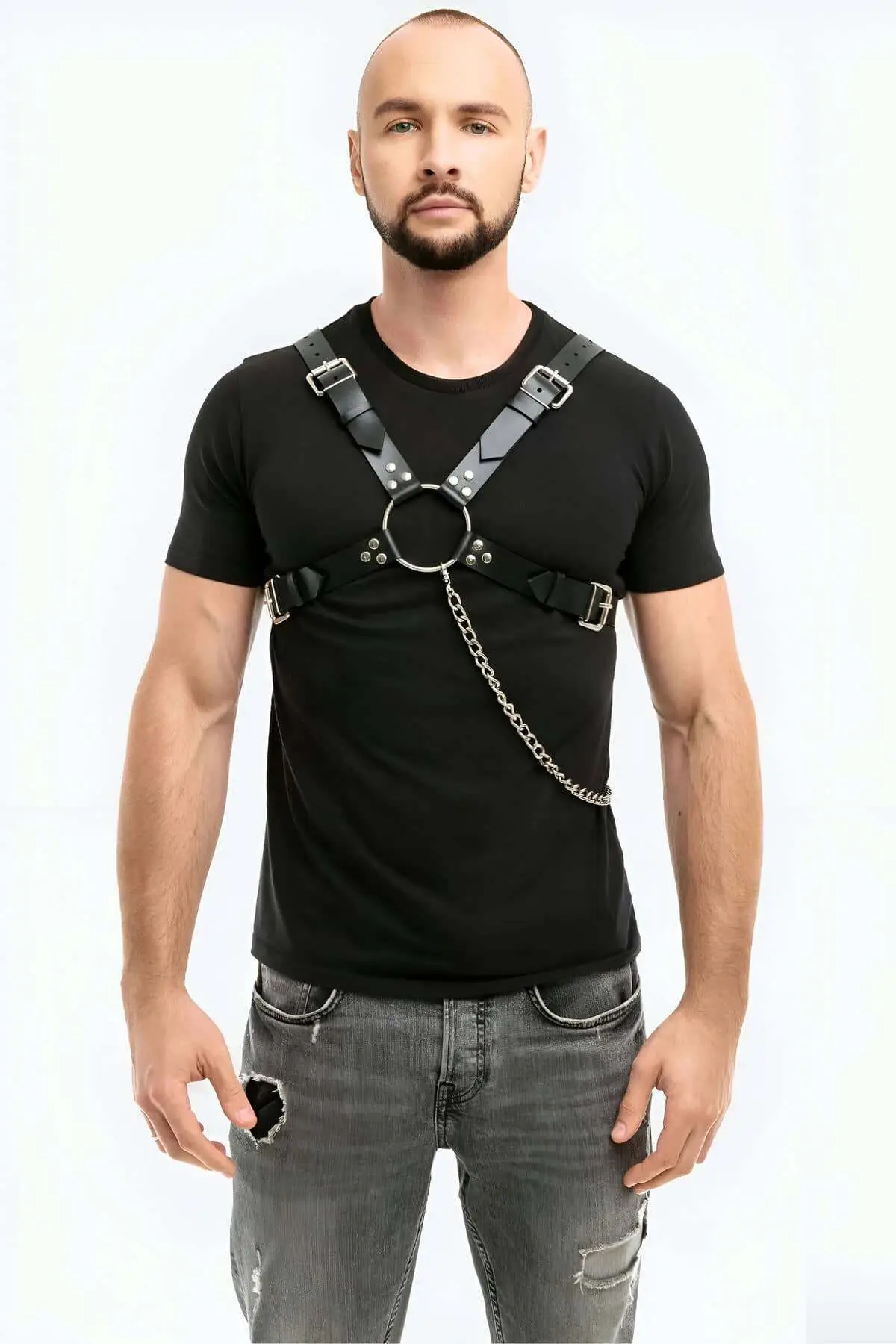 Men's Leather Chest Harness with Chain Detail - SHM95