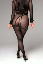 Chain-Detailed Open Bust, Buttock-Wrapping Leather Garter Harness Set with Bracelet - SH1194 - Image 2