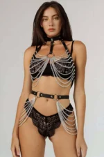 Chain-detailed chest and waist harness with neck and back closure - SH701