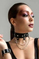 Stylish Leather Choker Collar Accessory with Chain and Link Detail SH654 - Image 3