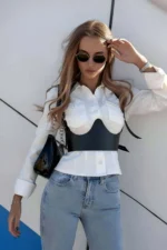 Adjustable Neckline Leather Corset with Bust Detail and Straps - SH614