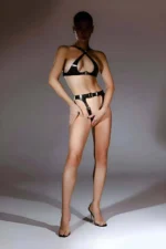 Open Mesh Fantasy Lingerie, Stylish Leather Lingerie Set, Leather Fantasy Set - SH1130 - Image 3