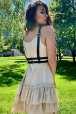 Dress with Chest Detail and Shoulder Strap, Elegant Thin Leather Belt - SH646 - Image 3