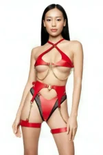 Red Leather Fantasy Harness Set, Sexy Leather Lingerie - SH1219