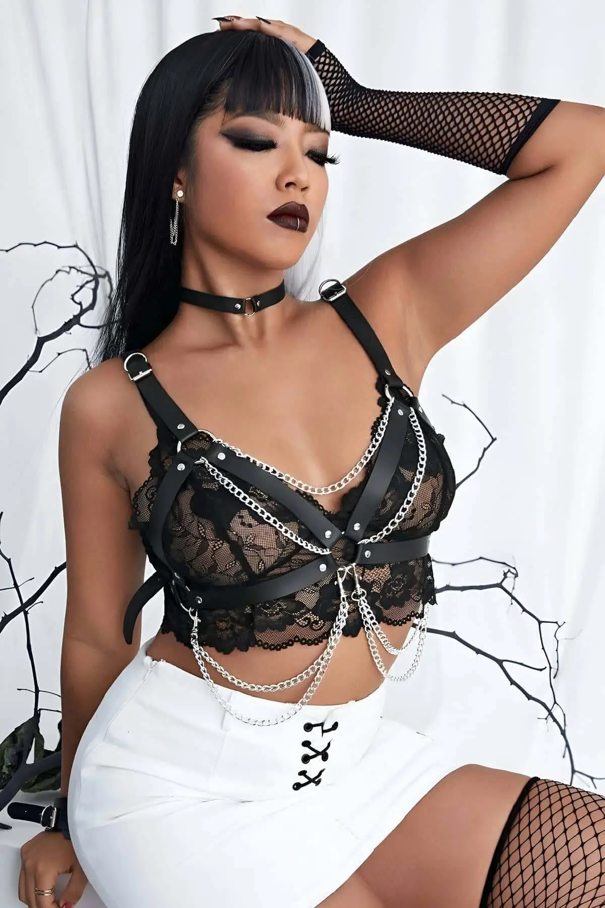 Stylish Leather Chain Chest Harness and Bracelet Set - SH952