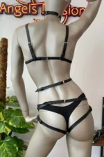 Heart Detail Black Leather Garter Harness Bra Set - Image 2