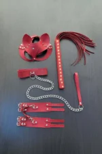 Red Fantasy Set, Whip - Handcuffs - Collar - Mask Set - SH1246