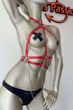 Stylish Leather Harness with Red and Chain Details - SH3