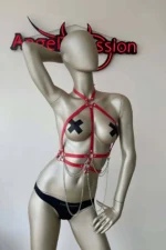 Stylish Leather Harness with Red and Chain Details - SH3 - Image 2