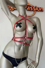 Stylish Leather Harness with Red and Chain Details - SH3 - Image 3