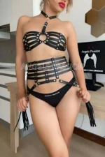 Black Leather Corset Bra Harness Set with Tassel Detail