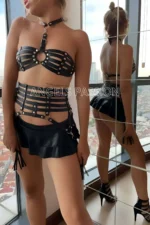 Black Leather Corset Bra Harness Set with Tassel Detail - Image 3