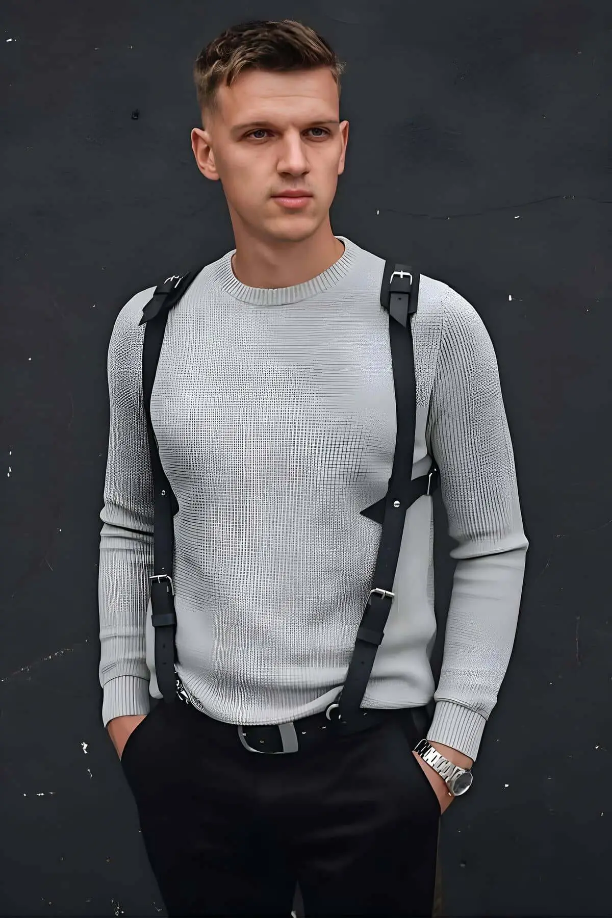 Stylish Men's Leather Harness with Shoulder Detail, Accessory for Men's Shirts - SHM135