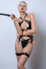 Leather Garter Harness Set, Leather Bra Set, Leather Fantasy Lingerie with Whip - SH1363 - Image 8