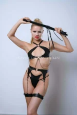 Leather Garter Harness Set, Leather Bra Set, Leather Fantasy Lingerie with Whip - SH1363 - Image 6