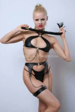 Leather Garter Harness Set, Leather Bra Set, Leather Fantasy Lingerie with Whip - SH1363 - Image 7