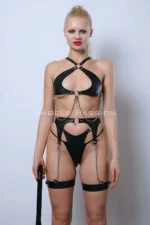 Leather Garter Harness Set, Leather Bra Set, Leather Fantasy Lingerie with Whip - SH1363 - Image 3