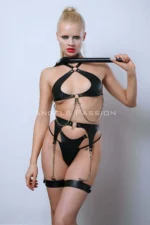 Leather Garter Harness Set, Leather Bra Set, Leather Fantasy Lingerie with Whip - SH1363 - Image 10
