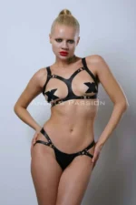 Elegant Leather Bra and Harness Set with Open Bust, Fancy Leather Lingerie - SH1101