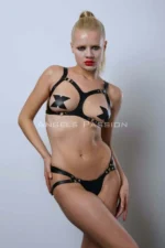 Elegant Leather Bra and Harness Set with Open Bust, Fancy Leather Lingerie - SH1101 - Image 6