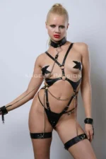 Leather Fantasy Lingerie with Collar, Women's Leather Underwear, Partywear - SH1225 - Image 4