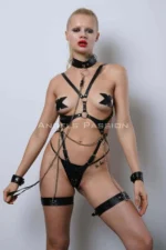 Leather Fantasy Lingerie with Collar, Women's Leather Underwear, Partywear - SH1225 - Image 10