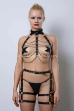 Leather Garter Harness Set with Chain Detail, Fancy Leather Set with Chain - SH1262 - Image 3