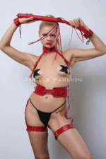 Whip Detail Neck-Tie Harness Set, Leather Fantasy Lingerie Set - SH1362 - Image 2