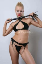Open Mesh Leather Fantasy Bra Set, Whip-Themed Leather Bra Set - SH1349