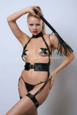 Slave Harness Set with Whip and Handcuffs, Leather Fantasy Lingerie - SH1362 - Image 3