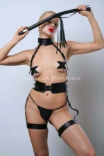 Slave Harness Set with Whip and Handcuffs, Leather Fantasy Lingerie - SH1362 - Image 4