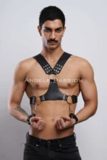 Men's Chest Harness with Handcuffs, Leather Men's Fantasy Harness, Men's Harness with Handcuffs - SHM121