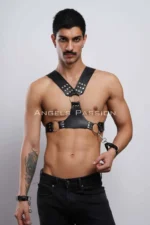 Men's Chest Harness with Handcuffs, Leather Men's Fantasy Harness, Men's Harness with Handcuffs - SHM121 - Image 2