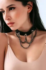 Chain Choker, Leather Chain Necklace, Leash Harness - SH1071