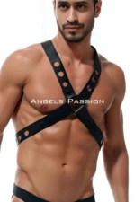 Round Detail X Harness - Stylish Men's Chest Harness, Leather Harness - SHM221