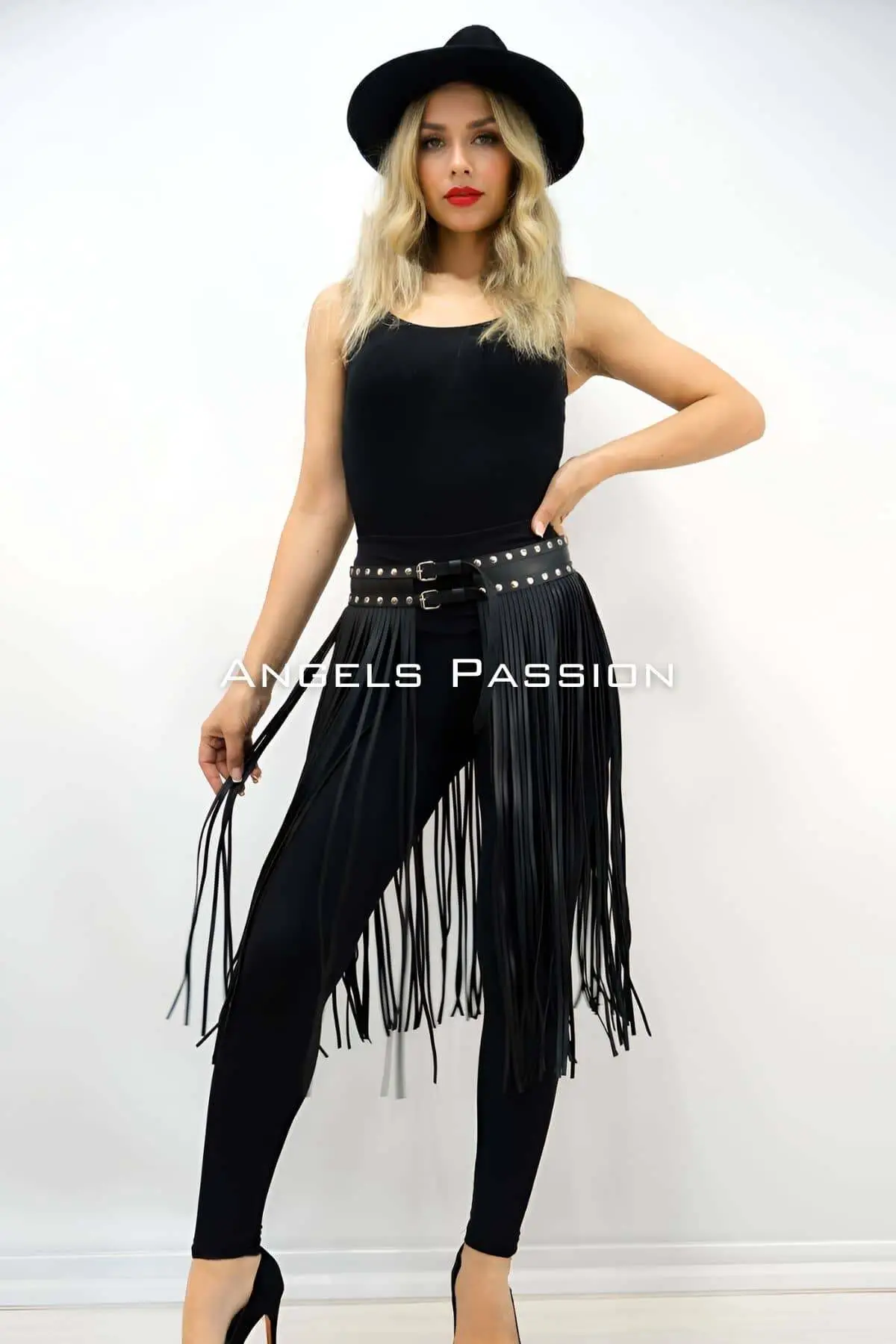 Elegant Leather Skirt with 5mm Tassels, Knee-Length Tassel Skirt - SH1398