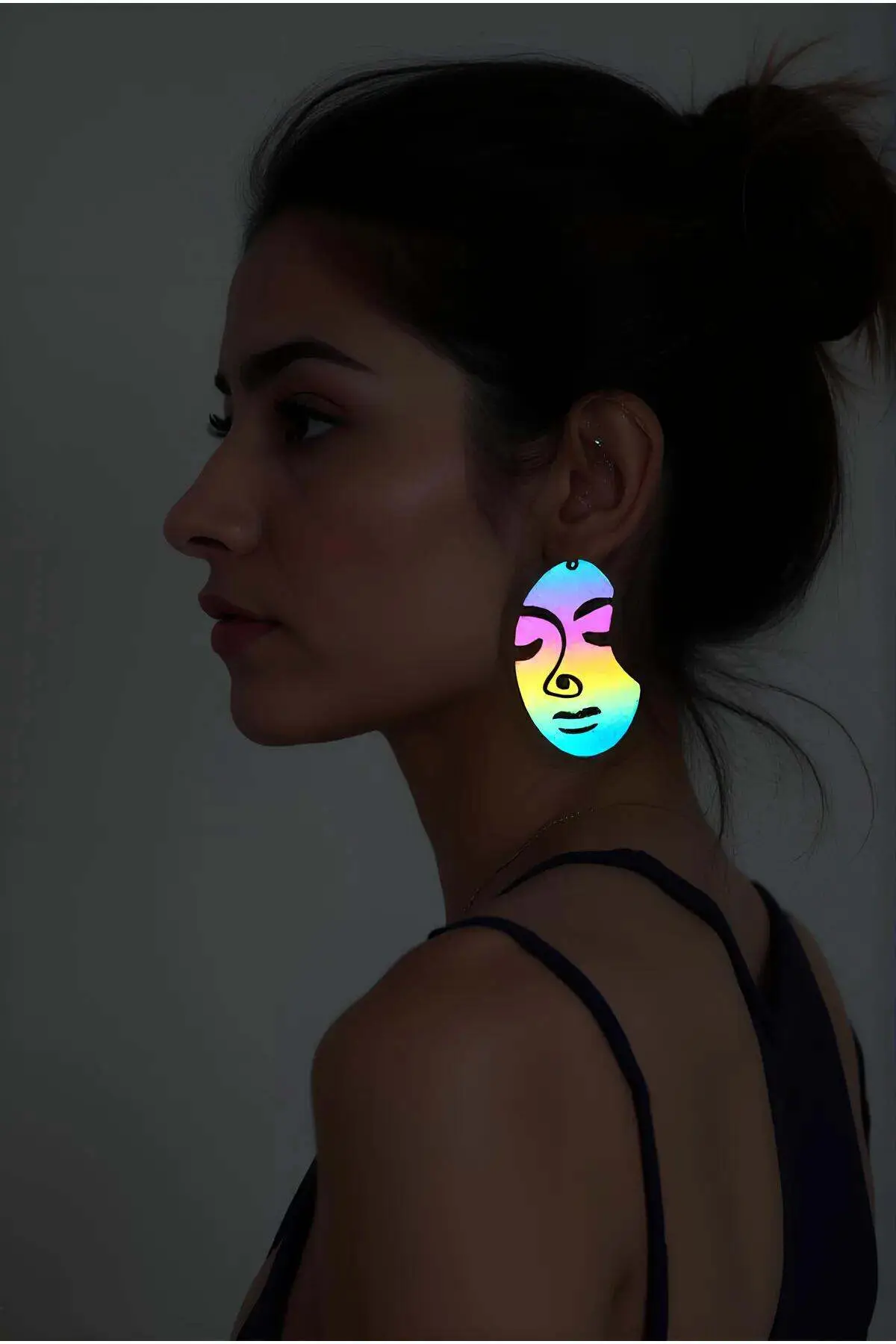 Rainbow Reflective Abstract Woman's Face Earrings, Stylish Laser Cut Earrings - APBJ005