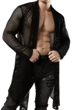 Men's Long Mesh Kimono Shirt, Black Transparent Clubwear - APTM001