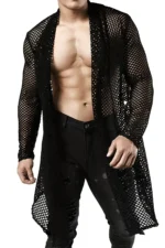 Men's Long Mesh Kimono Shirt, Black Transparent Clubwear - APTM001 - Image 2