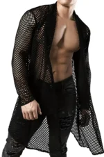 Men's Long Mesh Kimono Shirt, Black Transparent Clubwear - APTM001 - Image 3