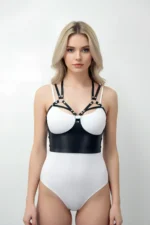 Leather Harness Bustier with Bust Detail, Elegant Leather Corset - SH872